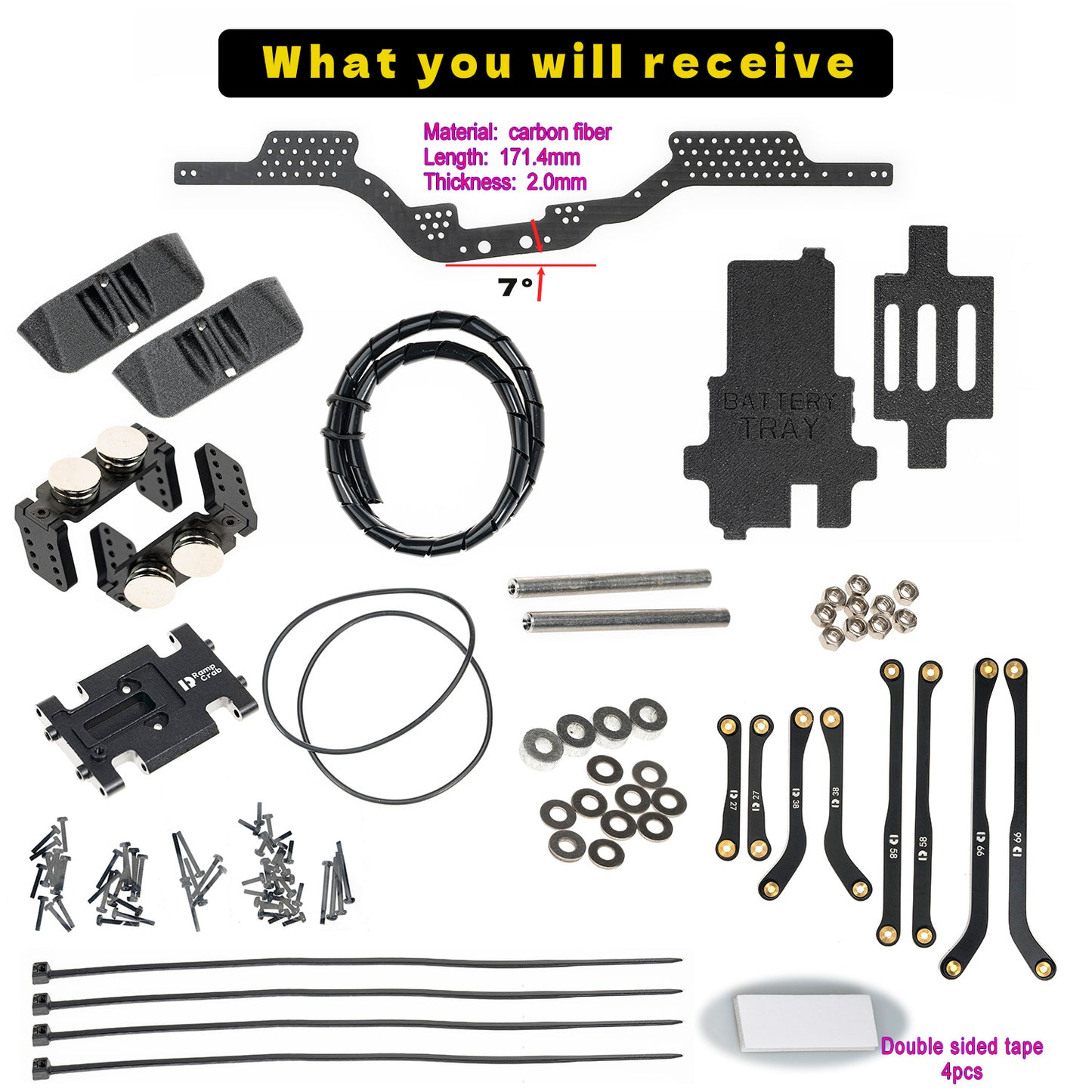 RampCrab Carbon Fiber Chassis Kit for SCX24, 7° Angled Skid, LCG Chassis Kit for SCX24 Deadbolt, Betty B-17 Upgrade Part