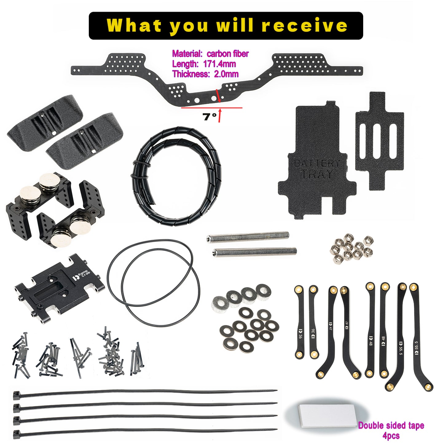 RampCrab Carbon Fiber Chassis Kit for SCX24, 7° Angled Skid, LCG Chassis Kit for SCX24 C10, JLU, Bronco, Upgrade Part