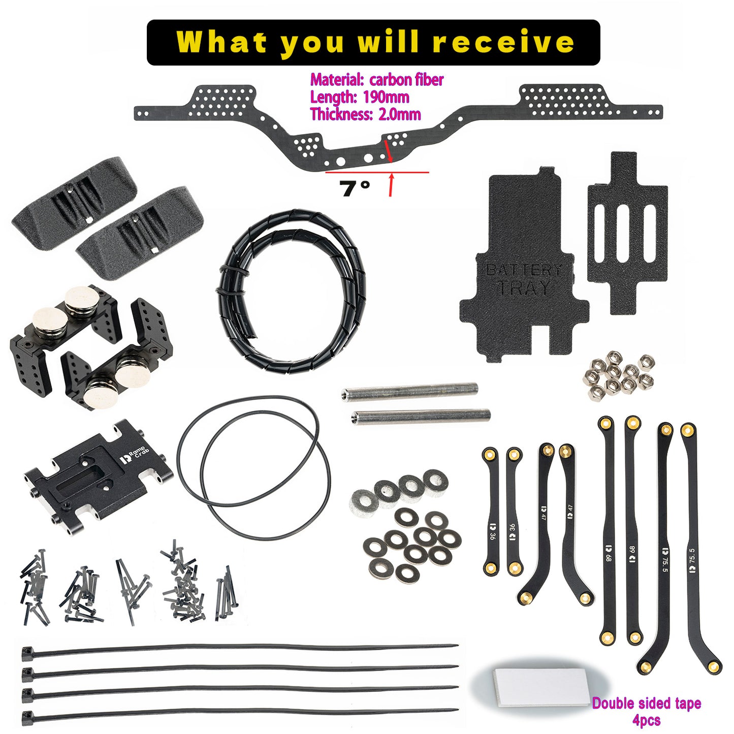 RampCrab Carbon Fiber Chassis Kit for SCX24, 7° Angled Skid, LCG Chassis Kit for SCX24 Gladiator & Dodge Power Wagon