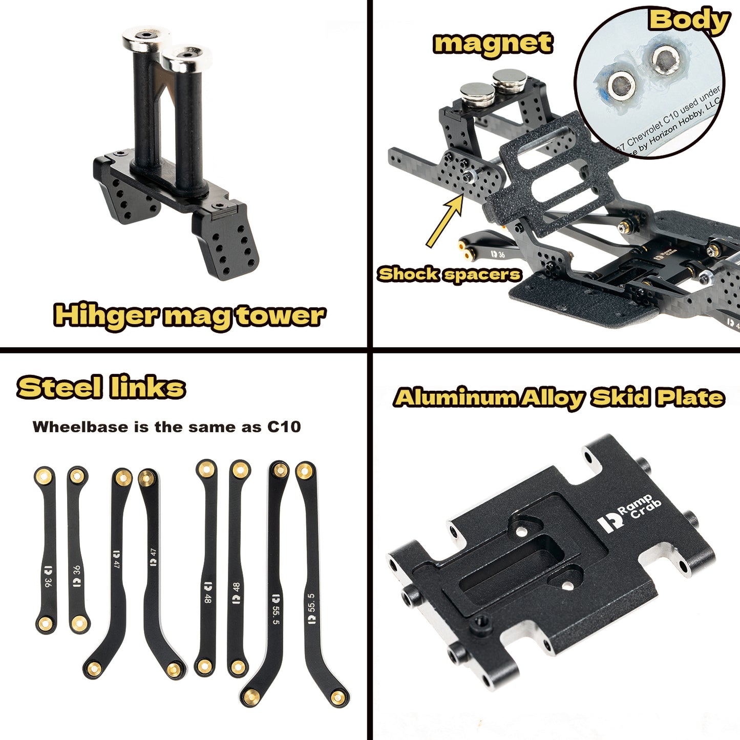 RampCrab Carbon Fiber Chassis Kit for SCX24, 7° Angled Skid, LCG Chassis Kit for SCX24 C10, JLU, Bronco, Upgrade Part