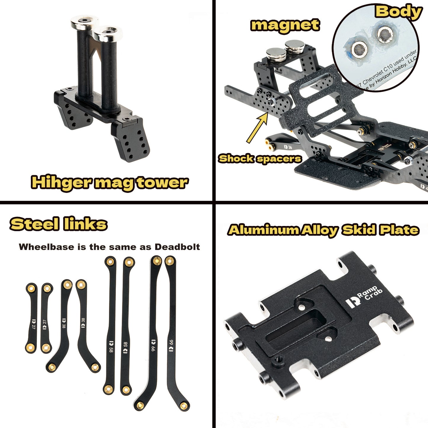 RampCrab Carbon Fiber Chassis Kit for SCX24, 7° Angled Skid, LCG Chassis Kit for SCX24 Deadbolt, Betty B-17 Upgrade Part