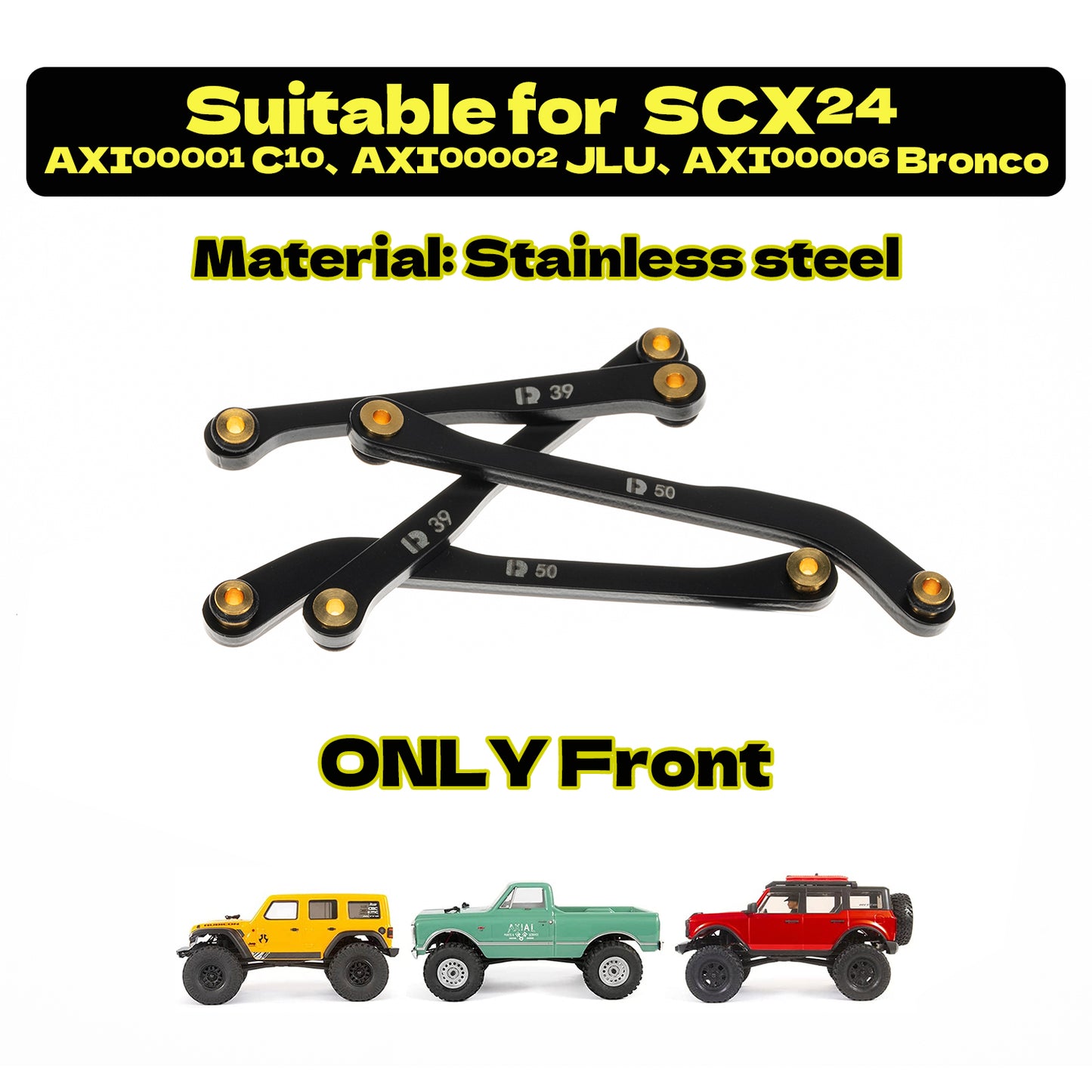 RampCrab High Clearance 4 Links Set for SCX24 Bronco, C10, Wrangler JLU, 4Runner, Steel Links Set, ONLY FRONT, 4Pcs, Black