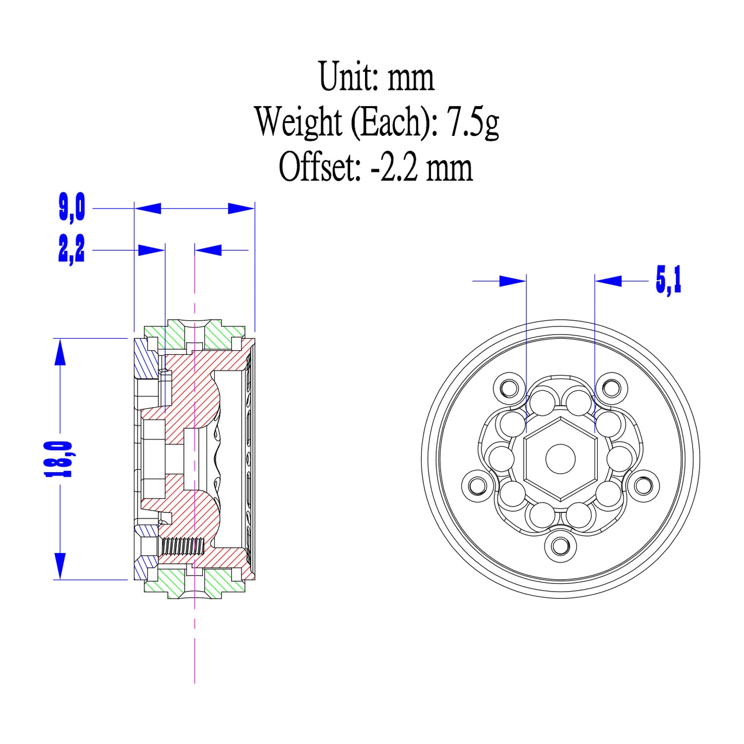 RampCrab 18mm 0.7" Resin Beadlock Wheels for 1:30 SCX30 & 1:32 Ascent-32, Brass inner clamp ring