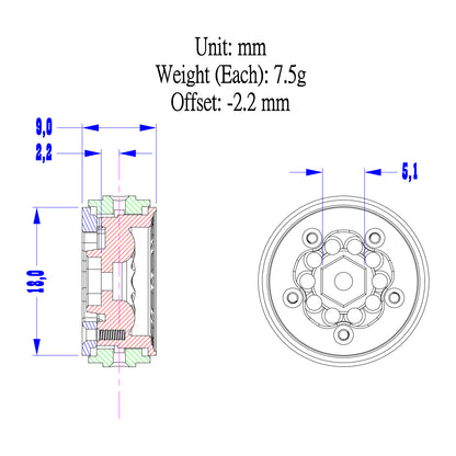 RampCrab 18mm 0.7" Resin Beadlock Wheels for 1:30 SCX30 & 1:32 Ascent-32, Brass inner clamp ring