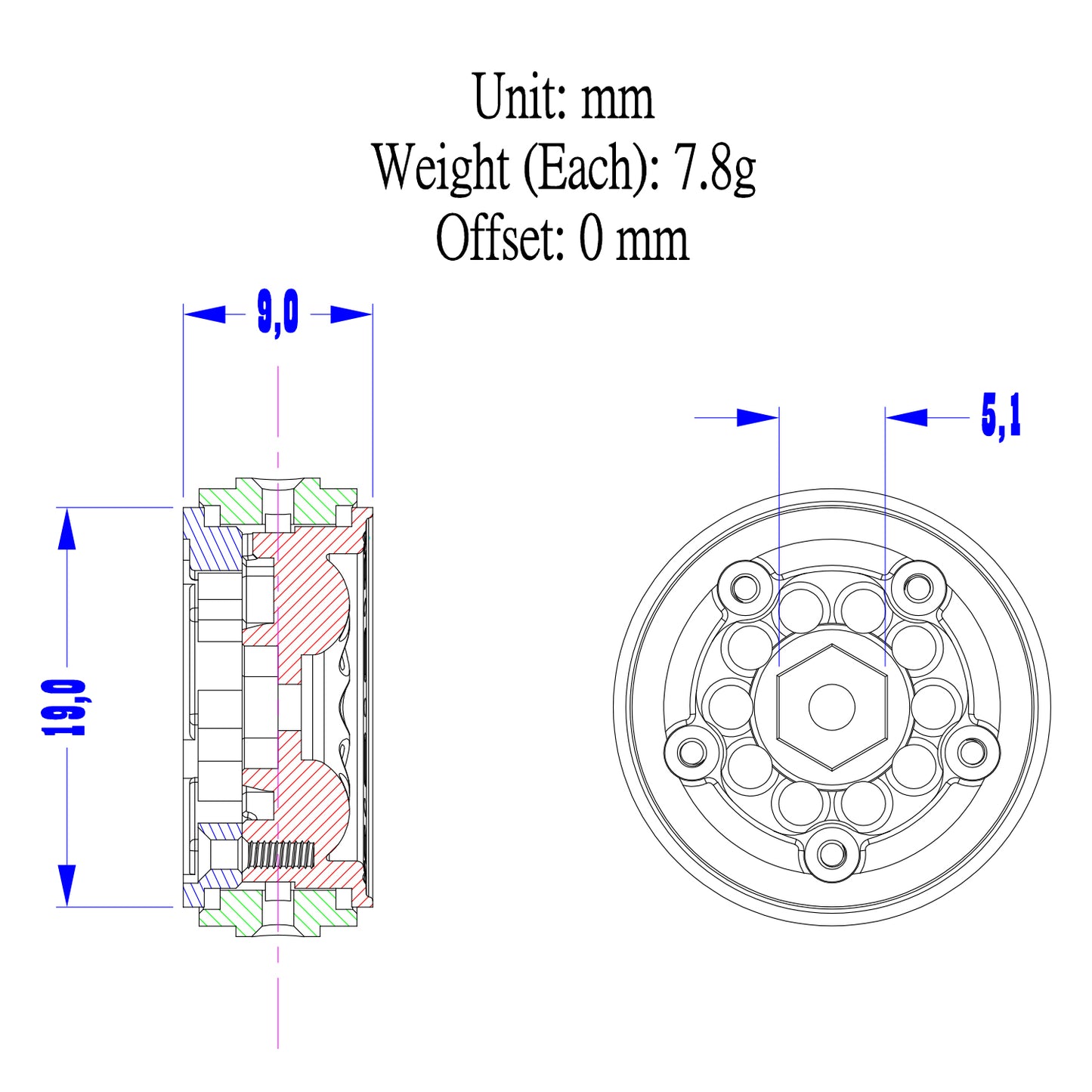 RampCrab 19mm 0.7" Resin Beadlock Wheels for 1:30 SCX30 & 1:32 Ascent-32, Brass inner clamp ring