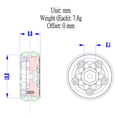 RampCrab 19mm 0.7" Resin Beadlock Wheels for 1:30 SCX30 & 1:32 Ascent-32, Brass inner clamp ring