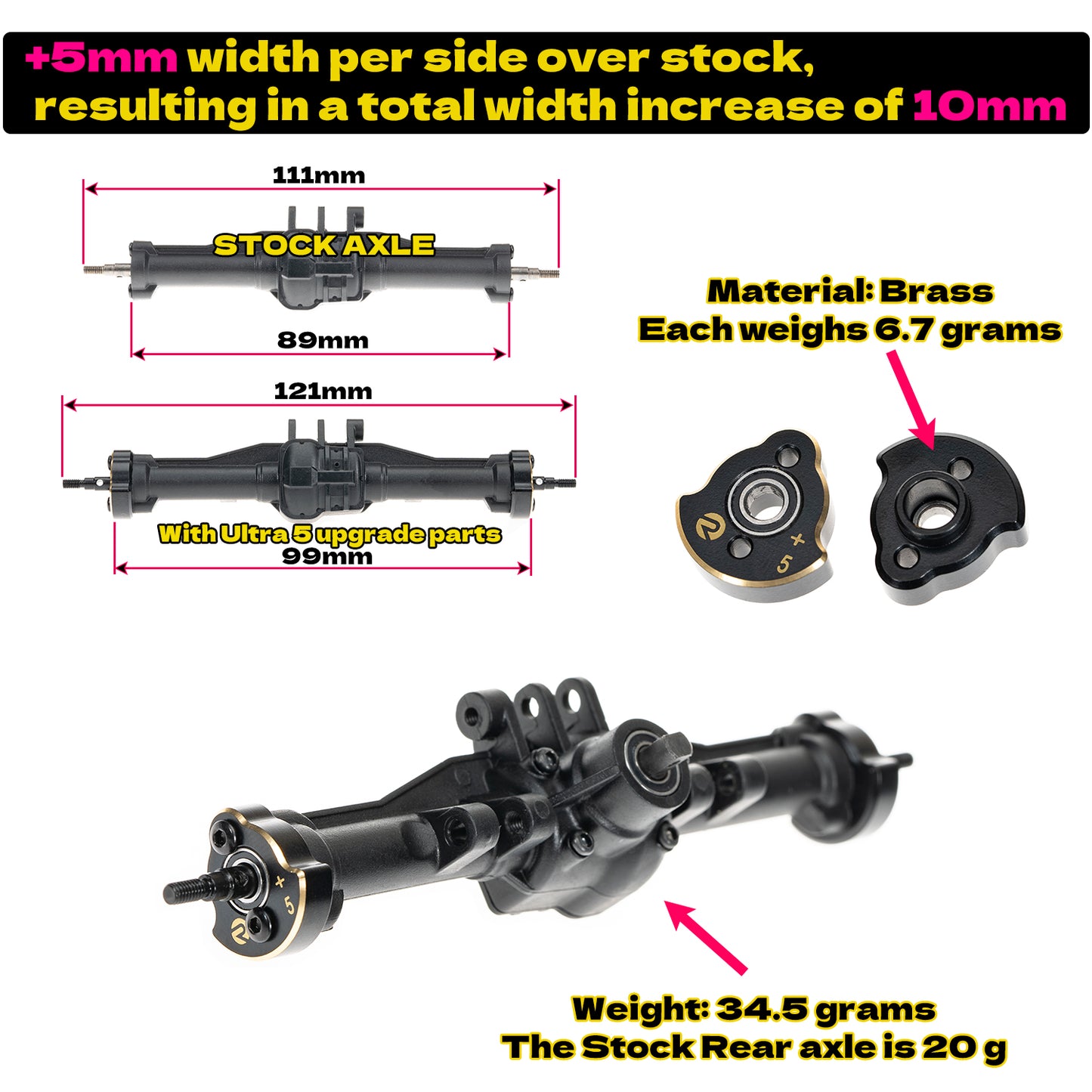 RampCrab Axle widening Upgrade Parts for TRX4M, 5mm Wider on Each Side (Front & Rear), Brass Upgrades Parts for TRX4m RC Crawler Car, Fit for 1/18 TRX4-M Unlimited Trail Buggy, Ultra 5