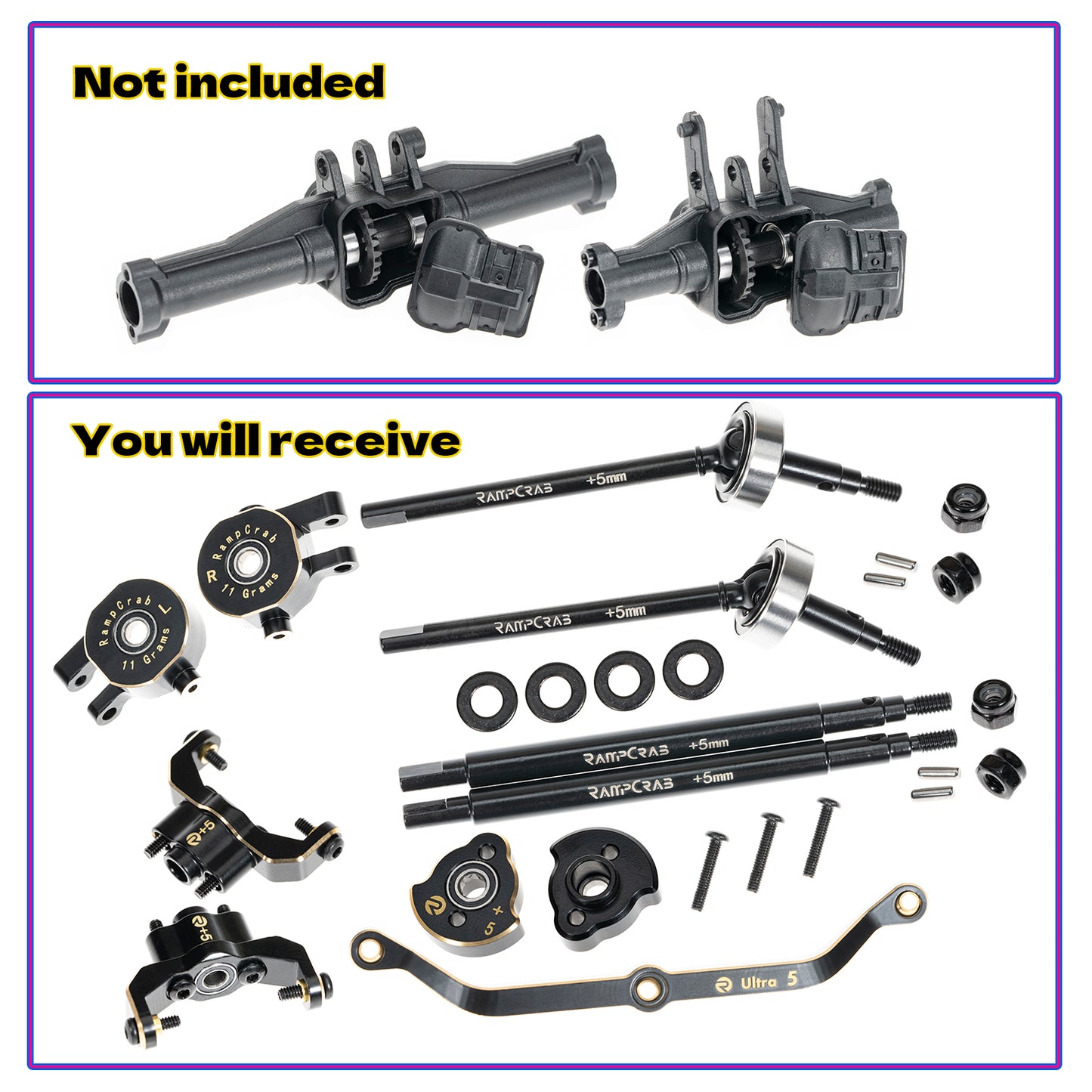 RampCrab Axle widening Upgrade Parts for TRX4M, 5mm Wider on Each Side (Front & Rear), Brass Upgrades Parts for TRX4m RC Crawler Car, Fit for 1/18 TRX4-M Unlimited Trail Buggy, Ultra 5